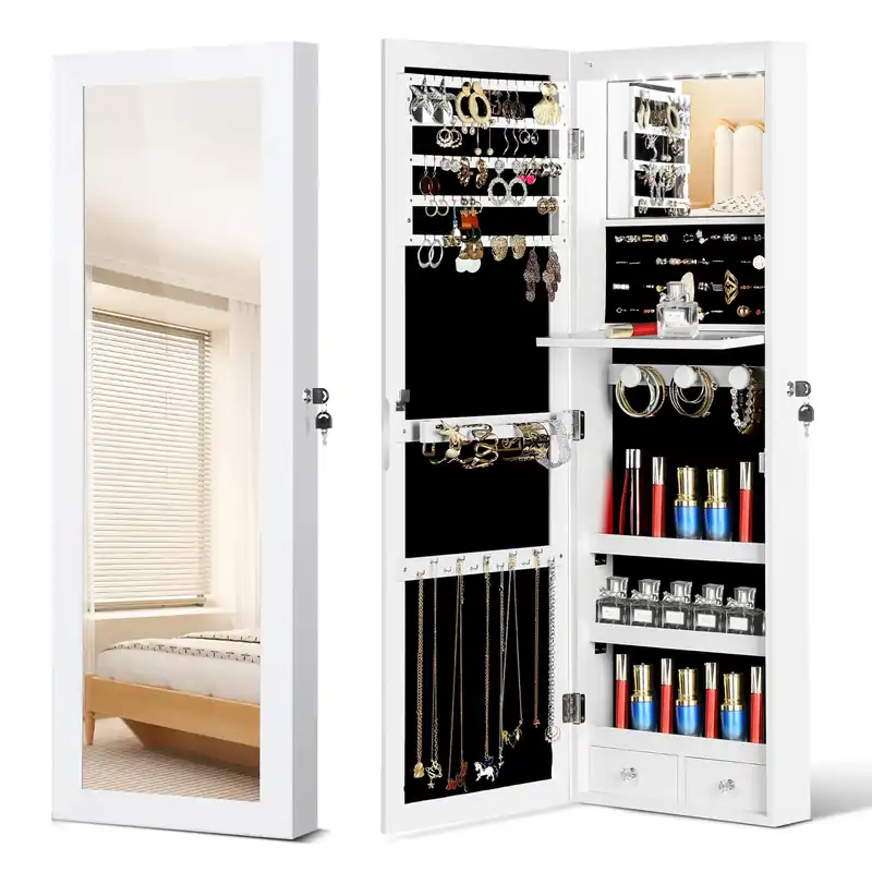 JOYUSAEN Mirror Jewelry Organizer, Wall/Door Mounted Jewelry Armoire with Full-Length Mirror,Hanging Jewelry Cabinet with LED Interior Lights, White