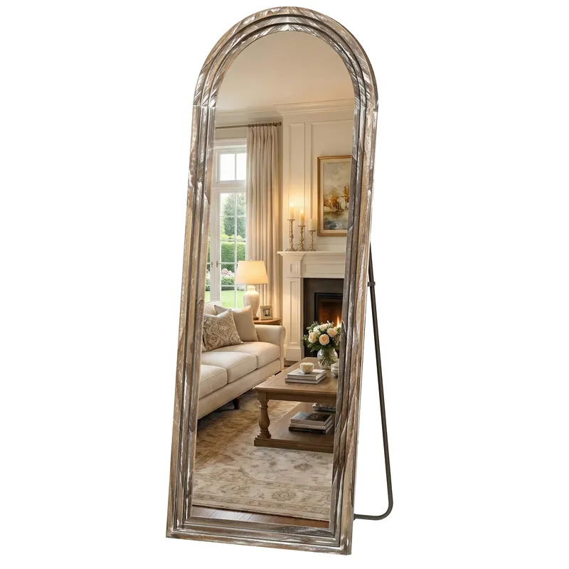 Pocetry Arched Full Length Floor Mirror 63"x21", Triple-Layer Solid Wood Frame, Rustic White Farmhouse Full Body Mirror with Stand for Bedroom, Living Room, Entryway & Hallway Home Decor