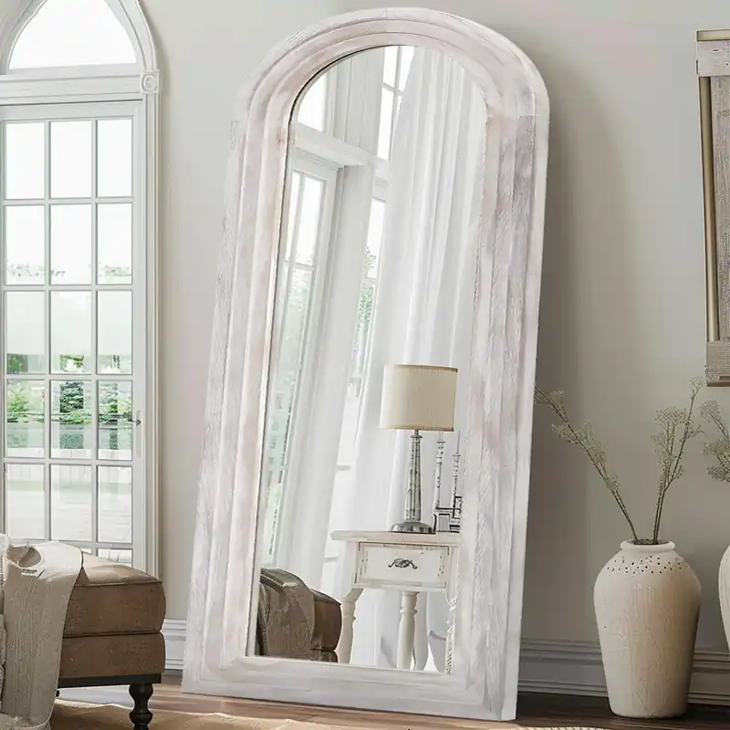 ZHUNFA Arched Full Length Mirror with Solid Wood Frame, 71x32 Farmhouse Wall Mirror Full Length with Stand, Vertical Hanging, Leaning Standing for Bedroom, Living Room, Rustic White