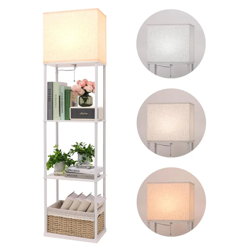 Gupuzm Floor Lamp with Shelves, Large Size Rectangle Standing Lamp with 3 Color Temperature Bulb, Corner Display Bookshelf Lamp for Living Room, Bedroom and Office(White-9W)