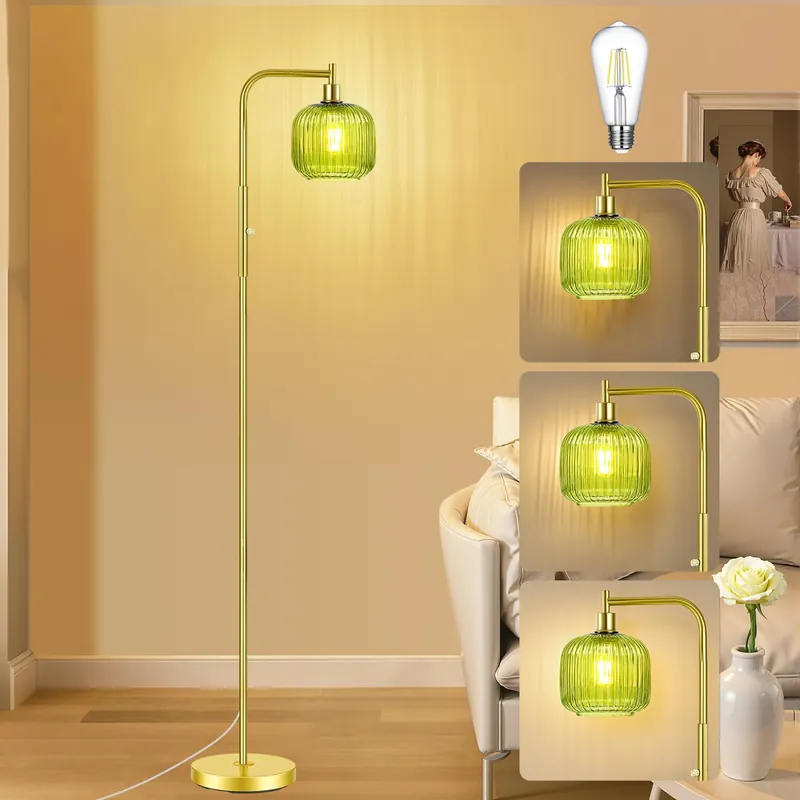 Rnyloas Dimmable Gold Floor Lamp with Ribbed Shade, Vintage Green Standing Lamp dimmable with Solid Base, Arc Floor Lamps Glass for Living Room, Bedroom, Office, Decorative Tall Corner Lamps Gift Use