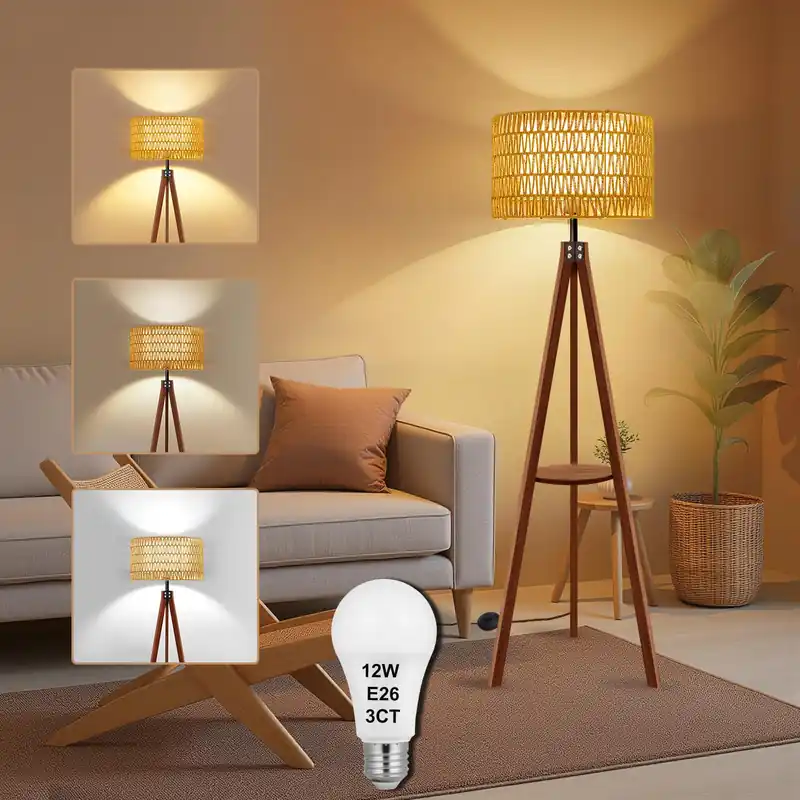 Sinvic Rattan Wood Floor Lamp Tripod with Shelves, Mid Century Modern Floor Lamps for Living Room, 3 Color Temperatures with Foot Switch, Boho Standing Lamp for Bedroom Decor Walnut Brown Tall Lamps