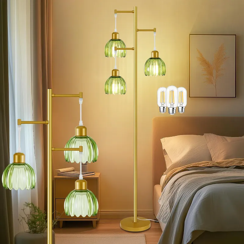 Vannise 3 Light Flower Floor Lamps for Living Room,Modern Tree Floor Lamp with Foot Switch,Gold Floor Lamp with Glass Shade Vintage,Retro Standing Lamp Includes 3 Bulbs,Boho Tall Lamp for Bedroom Deco