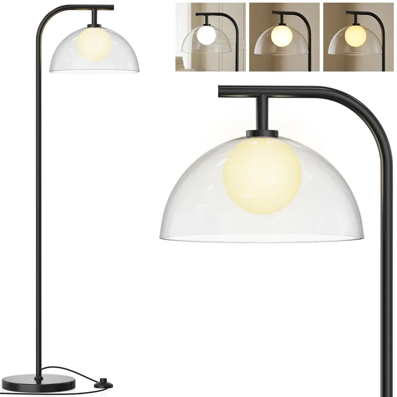 WOPIPAL Glass Floor Lamp for Living Room, Modern Standing Lamps with Semicircle Acrylic Shade, 3 Color Temperatures & Foot Switch, LED Corner Floor Light for Bedroom, Study, Office, Black