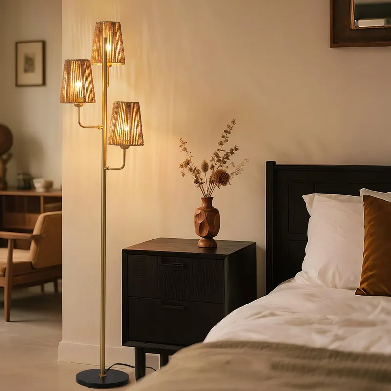 XZHGCEE Boho Floor Lamp for Living Room 3 Light Rattan Floor Lamp for Bedroom, Gold Standing Lamp with Foot Switch, Coastal Rustic Tall Lamp, No Bulb