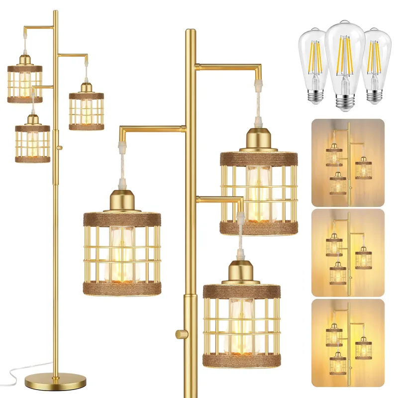 QiMH Industrial Floor Lamps for Living Room, Tree Standing Lamp with Stepless Dimmable, 68" Tall Lamps for Bedroom Study, 3 LED Bulbs Included, Gold