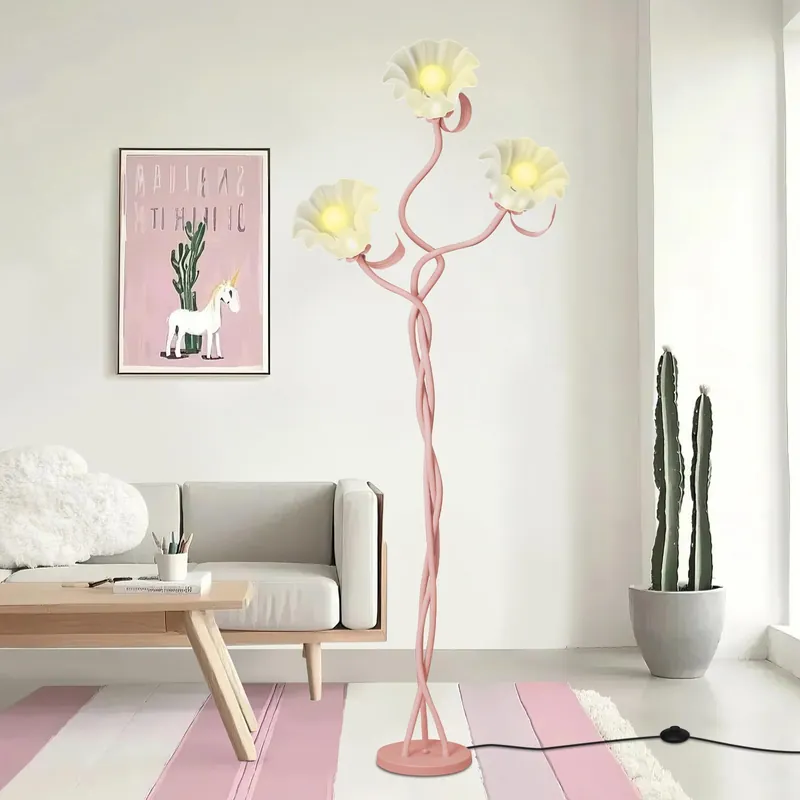 Vintage 3 Heads Flower Floor Lamp for Living Room,3 Color Modes LED Modern Corner Standing Lamp with Goosenecks, Bright Tall Cute Dimmable Lamp for Kids Reading Girls‘ Bedroom Office Home Decor(Pink)