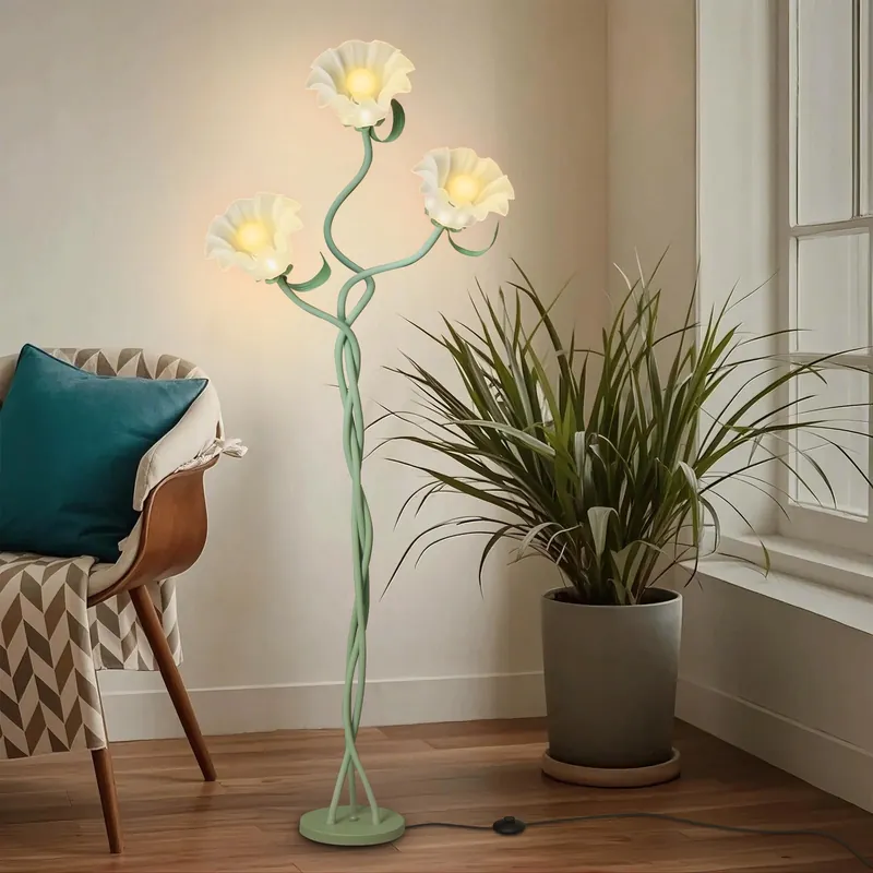 Vintage 3 Heads Flower Floor Lamp for Living Room,3 Color Modes LED Modern Corner Standing Lamp with Goosenecks, Bright Tall Cute Dimmable Lamp for Kids Reading Girls‘ Bedroom Office Home Decor(Green)