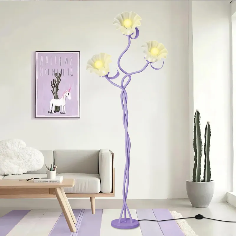 Vintage 3 Heads Flower Floor Lamp for Living Room,3 Color Modes LED Modern Corner Standing Lamp with Goosenecks, Bright Tall Cute Dimmable Lamp for Kids Reading Girls‘ Bedroom Office Home Decor Purple