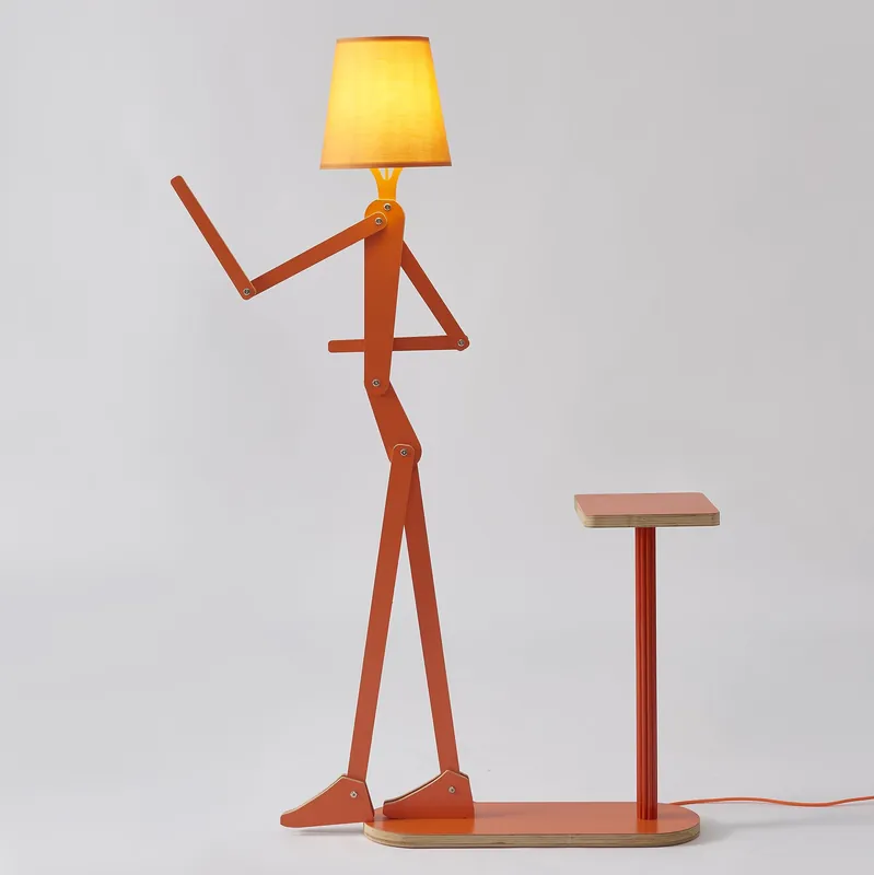 HROOME Unique Wood Floor Lamp Tea Table Storage for Living Room Bedroom Kids Bedside - Corner Reading Creative Swing Arm Standing Light for Home Office Farmhouse - LED Bulb Included (Orange Table)