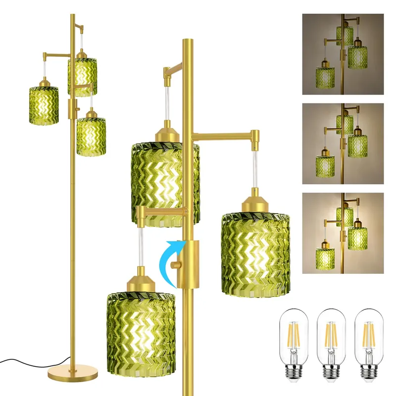 lumenfox Brass Floor Lamp for Living Room, Vintage 3-Light Green Glass Standing Lamp, Brass Base Mid Century Modern, Retro Tree Design Tall Floor Lamp