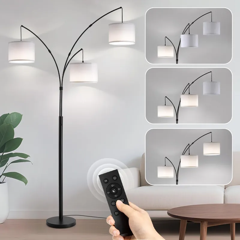 Fansdrick Floor lamp with Remote, 3 Light Arc Floor Lamps for Living Room, 2400LM Tall Standing Floor Lamps with White Shades, 80" Large Floor Lamp for Bedroom, Office