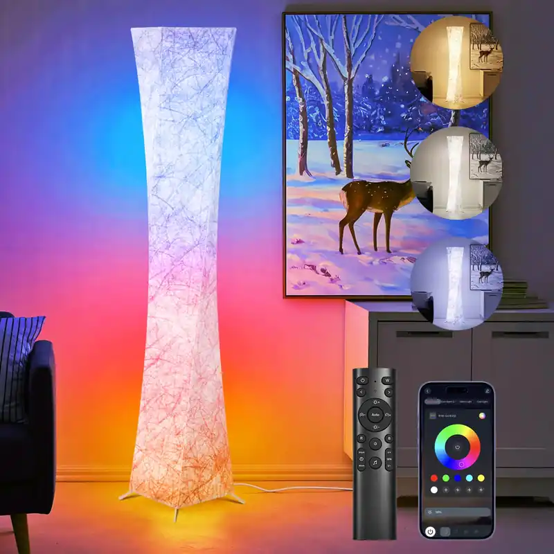 WORLD WIN Floor Lamp, 61‘‘ Smart RGB LED Corner Lamp with Music Sync and 16 Million DIY Colors, 3 Color Temperature, APP & Remote Control, Color Changing Standing Floor Lamp for Bedroom Living Room