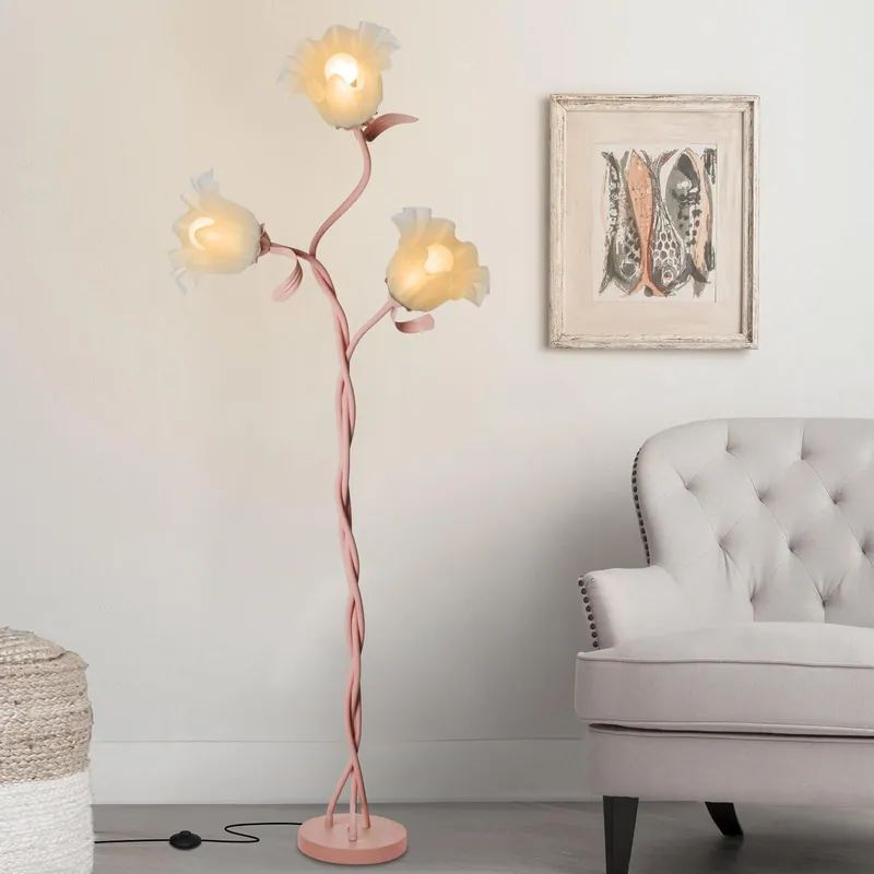 Fuzzbopn Flower Floor Lamp for Living Room, Tall Standing Reading Lamp with Flexible Neck Shaft for Bedroom Decor, Modern Corner Floor Lamps with 3-Color Temperatures LED Bulb (Pink)