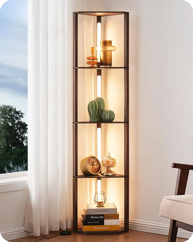 EDISHINE Dimmable LED Floor Lamp with Shelves, Corner Floor Lamps for Living Room, Corner Shelf with LED Light, 3CCT, Modern Standing Lamp, Floor Lamp for Bedroom, Office, Walnut