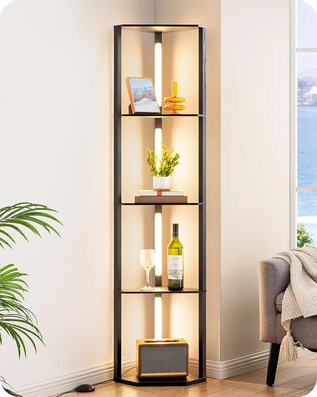 EDISHINE 64" Corner Display Shelf with Light, Modern Corner Floor Lamp with Shelves, 3CCT, Stepless Dimmable Standing Lamp for Living Room, Bedroom, Office, Dining Room, 3000K 4000K 5000K, Black