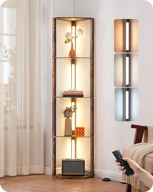 EDISHINE Corner Shelf with Light, 5-Tier Glass Display Shelf with Remote/Foot Control, 3CCT & Dimmable Corner Lamp, Open Display Cabinet, Standing Lamp for Living Room, Bedroom, Flamewood Color