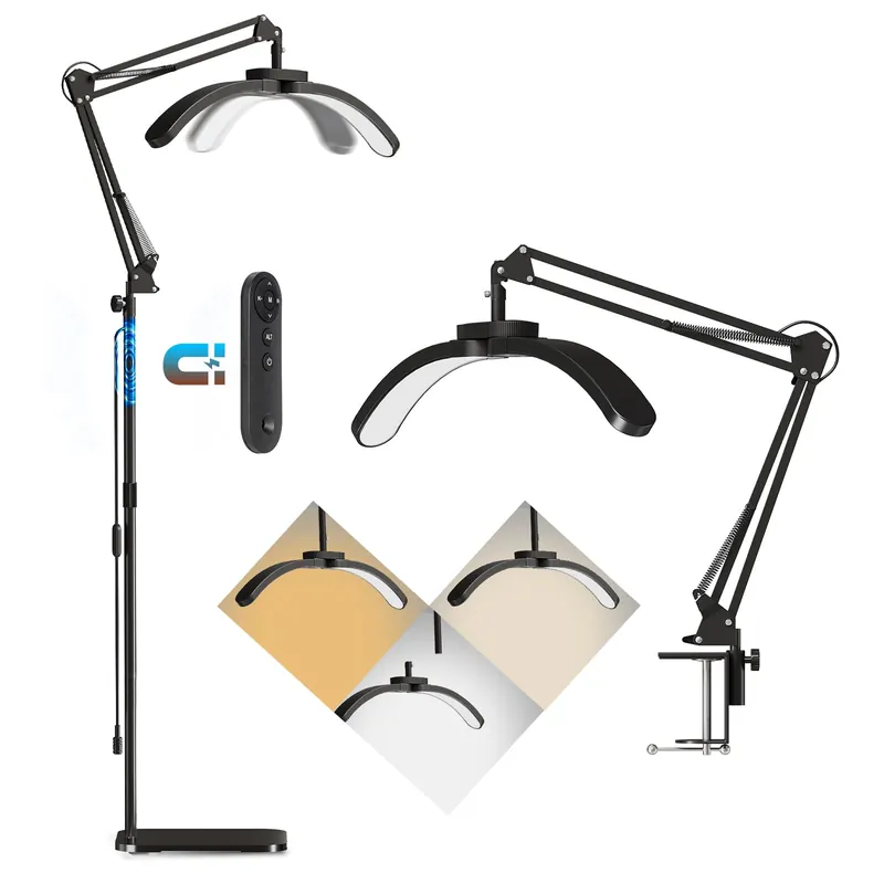 KALVISH New Upgrad 2-in-1 Lash Light for Eyelash Tech, Foldable LED Half Moon Floor Lamp, Esthetician Light for Tattoo Art, Nail, Craft,Extensions - Adjustable Brightness Color, Rotating Arm(Black)