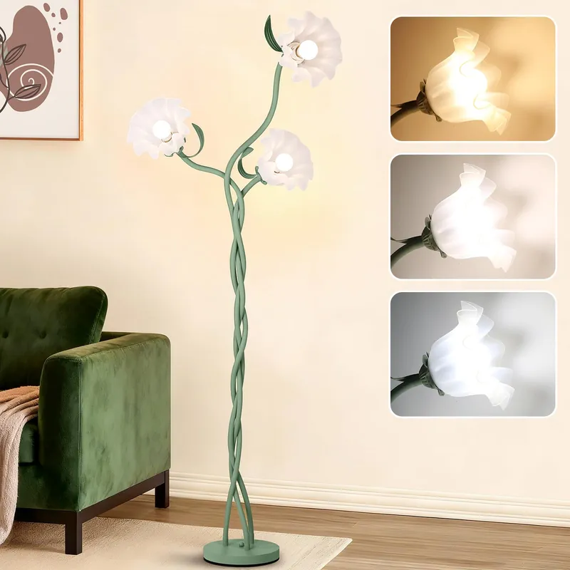 FUNNYBEHOM Floor Lamp for Living Room, 3 Lights Green Flower Lamp, Modern Tall Standing Lamp with 3 Color Temperatures Flexible Gooseneck, Mid Century Vintage Tree Floor Lamp for Bedroom Office