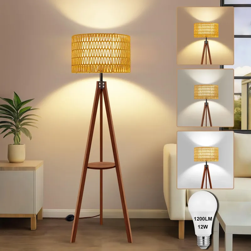 Rnyloas Boho Rattan Floor Lamp with Shelf & Bulb Included, Wicker Tripod Floor Lamp 3 Color Temperatures, Wood Rustic Tall Lamps with Foot Switch, Walnut Boho Standing Lamps for Living Room Bedroom