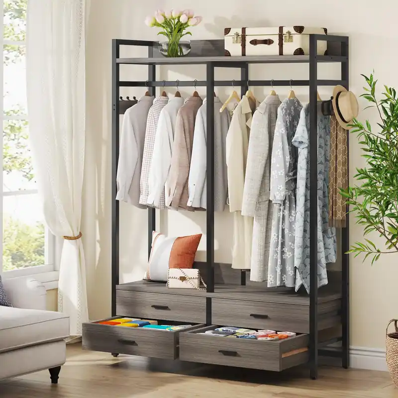 Tribesigns Freestanding Closet Organizer for Hanging Clothes, Heavy Duty Garment Rack with 4 Drawers, 8 Hooks and Storage Shelves, Wardrobe Closet Clothing Rack for Bedroom, Living Room, Grey