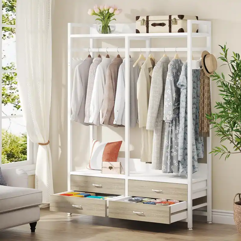 Tribesigns Freestanding Closet Organizer for Hanging Clothes, Heavy Duty Garment Rack with 4 Drawers, 8 Hooks and Storage Shelves, Wardrobe Closet Clothing Rack for Bedroom, Living Room, White Walnut