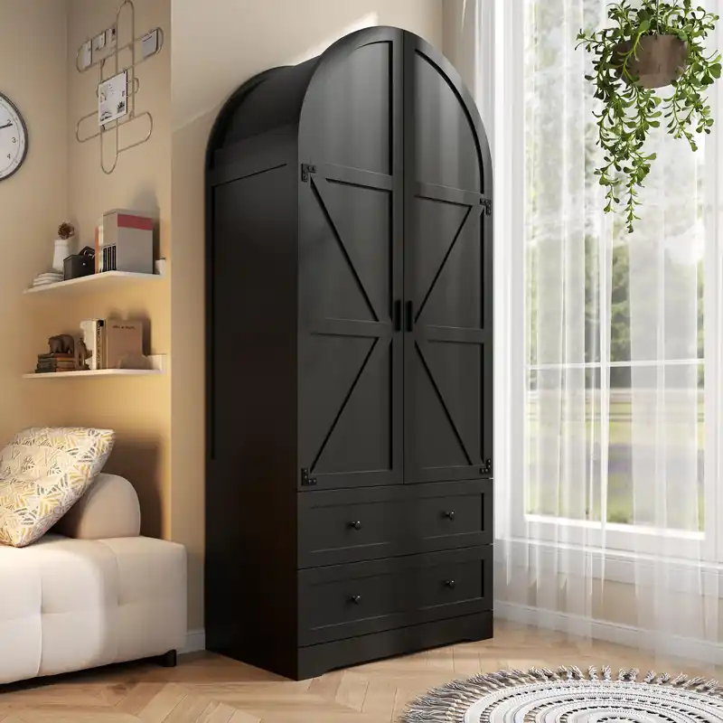 Gyfimoie Black Armoire Wardrobe Closet with 2 Drawers, 74.8" Wooden Wardrobe with 2 Doors, Freestanding Closet Armoire Cabinet with Hanging Rack, Clothing Storage Cabinet for Bedroom (Black)