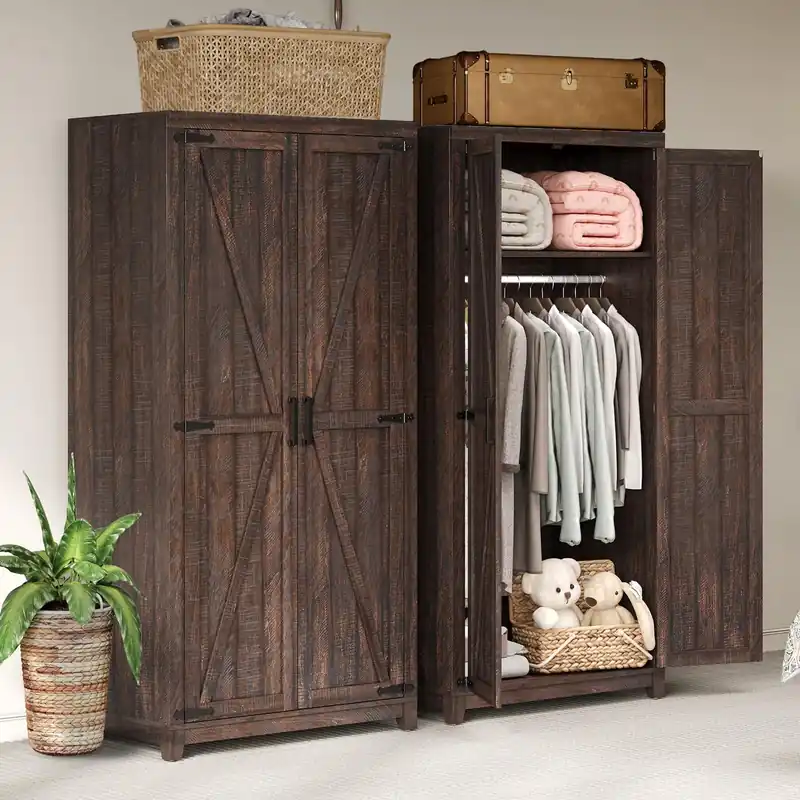 AMERLIFE Set of 2 Farmhouse Armoire Wardrobe Closet with 2 Barn Doors, 71‘‘ Storage Cabinet with Shelf & Hanging Rod, Versatile Clothing Storage for Bedroom, Espresso