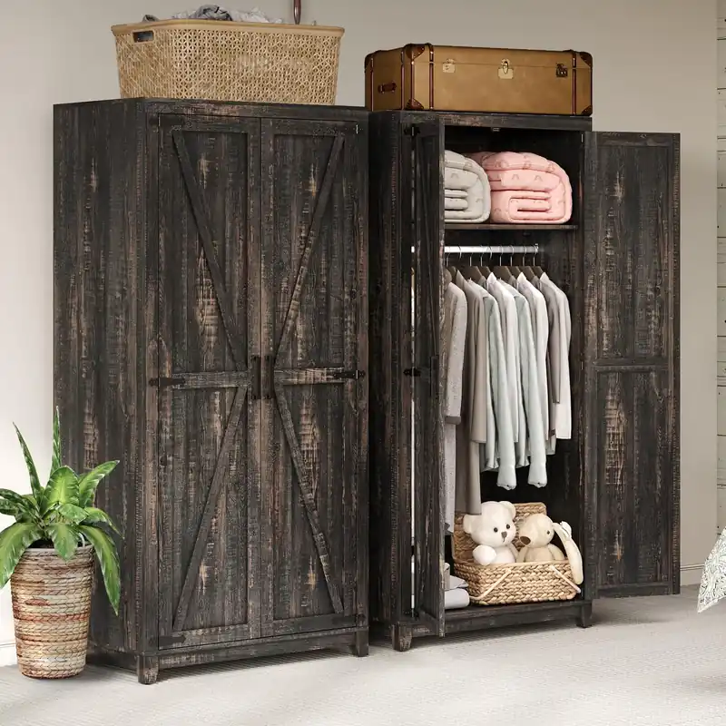 AMERLIFE Set of 2 Farmhouse Armoire Wardrobe Closet with 2 Barn Doors, 71‘‘ Storage Cabinet with Shelf & Hanging Rod, Versatile Clothing Storage for Bedroom, Black Oak