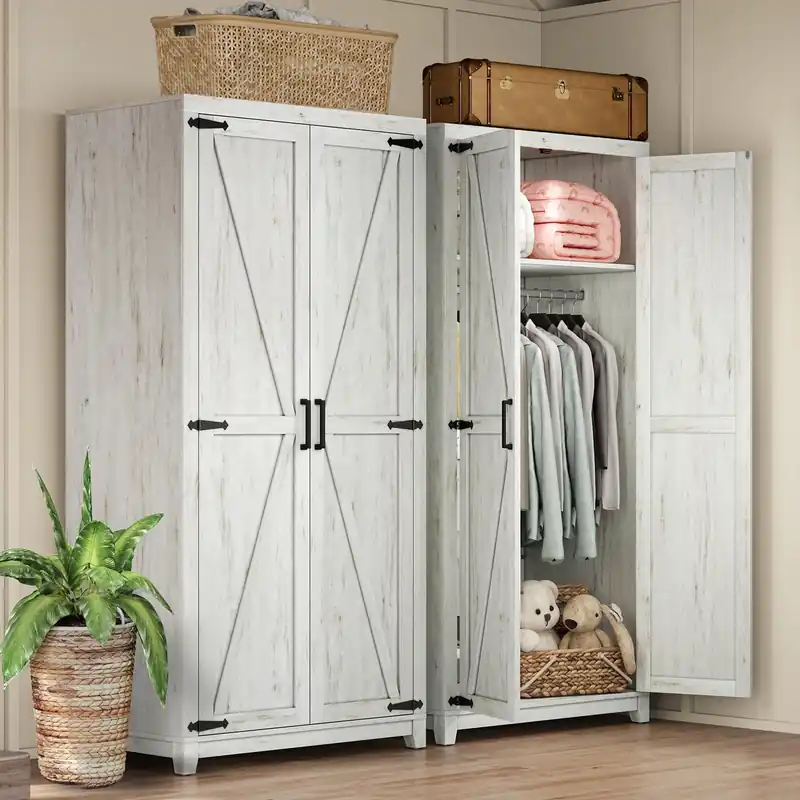AMERLIFE Set of 2 Farmhouse Armoire Wardrobe Closet with 2 Barn Doors, 70‘‘ Storage Cabinet with Shelf & Hanging Rod, Versatile Clothing Storage for Bedroom, White
