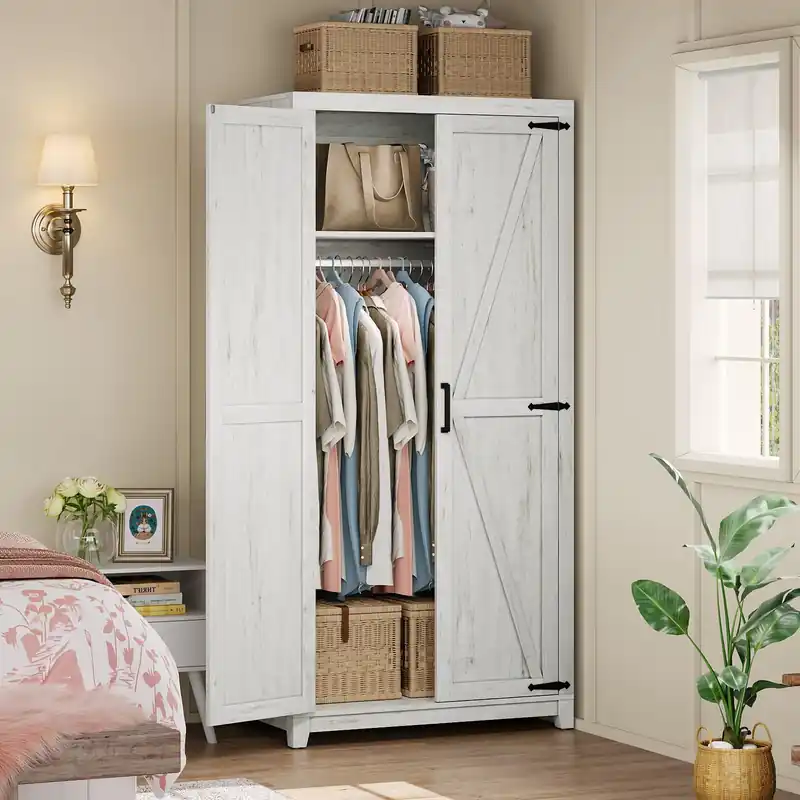 AMERLIFE Farmhouse Armoire Wardrobe Closet with 2 Barn Doors, 71‘‘ Storage Cabinet with Hanging Rod & Shelf, Versatile Clothing Storage for Bedroom, White