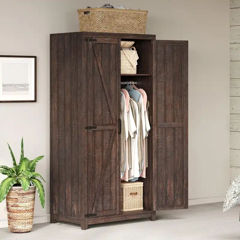 AMERLIFE Farmhouse Armoire Wardrobe Closet with 2 Barn Doors, 71‘‘ Storage Cabinet with Hanging Rod & Shelf, Versatile Clothing Storage for Bedroom, Espresso