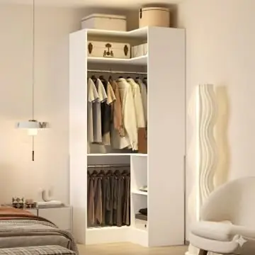 HOMPUS Corner Closet System, 80” L-Shaped Corner Wardrobe with Shelves & Hanging Rods, Walk-in Closet Organizer, Wood Wardrobe Organizer for Small Space, Entryway, Living Room, Freestanding, White
