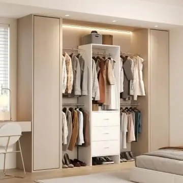 HOMPUS Closet Organizer System with 3 Drawers, 80‘‘ Closet Organizers and Storage, 4-9Ft Adjustable Wall-Mounted Wardrobe System, Walk-in Wardrobe Closet Rack with 4 Hanging Rods for Bedroom, White