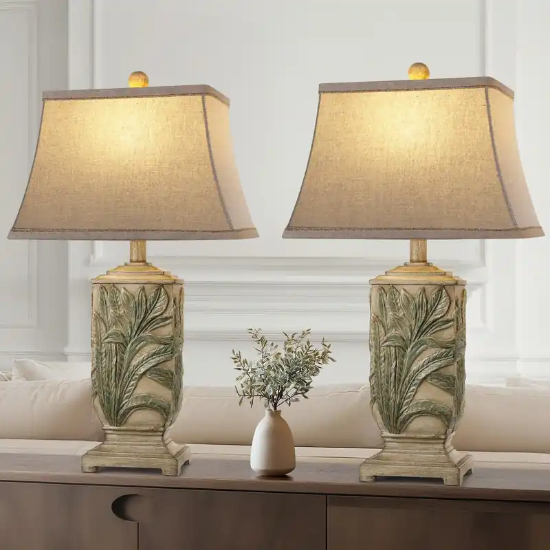 WIHTU 25" Vintage Table Lamps, 3 Color Temperature Rustic Retro Beside Lamp Set of 2, Farmhouse Resin Table Lamp for Living Room Bedroom Nightstands, Rotary Switch, Carved Leaf(2 Bulbs Included)