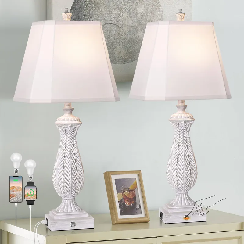 3-Way Dimmable Table Lamps for Bedrooms Set of 2, 30" H Touch Lamps for Living Room with with USB & Type-C Ports, White Mermaid Bedside Lamp for Nightstand, Resin Farmhouse Rustic Lamp with 2 Bulb