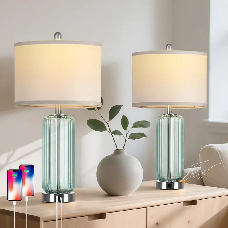 Table Lamps Set of 2 with Vertical Grained Glass, Teal Bedside Table Lamp, 3-Way Dimmable Nightstand Lamp with Touch Control, 27" Modern Glass Bedside Lamps with USB A+C Ports, Desk Lamp for Bedroom