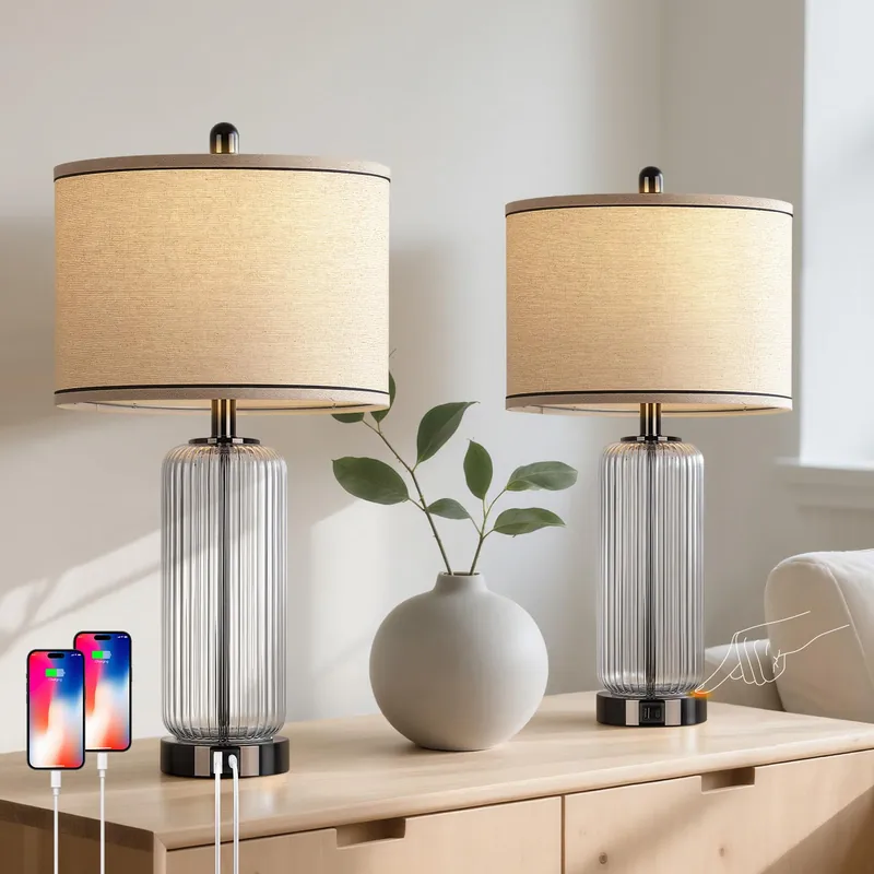WIHTU Table Lamps Set of 2 with Vertical Grained Glass, 3-Way Dimmable Nightstand Lamp with Touch Control, 27" Modern Glass Bedside Lamps with USB A+C Ports, Glossy Black Desk Lamp for Bedroom