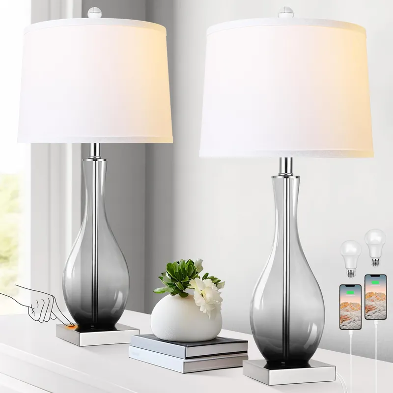 Table Lamps Set of 2 with Touch Control, 3-Way Dimmable Modern Glass table lamp for Living Room with USB C and A Charging Ports, 27" Bedside Desk Lamps for Nightstand Decorations(LED Bulbs Included)
