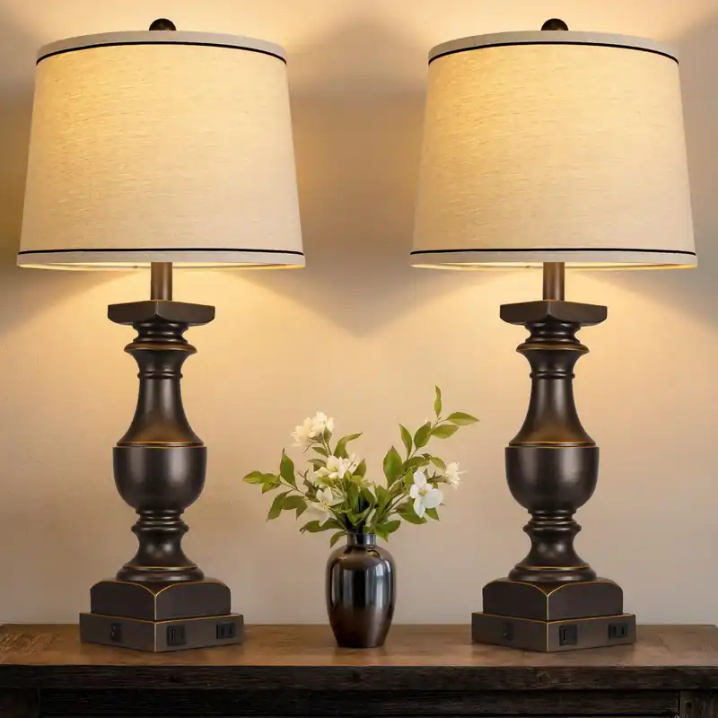 28‘‘ Farmhouse Bedside Lamps Set of 2, Black Gold Table Lamps for Nightstand, Desk Lamps with Linen Shades, Table Lamps with USB A+C Port, Nightstand Lamps for Bedroom, Rocker Switch, Bulb Included