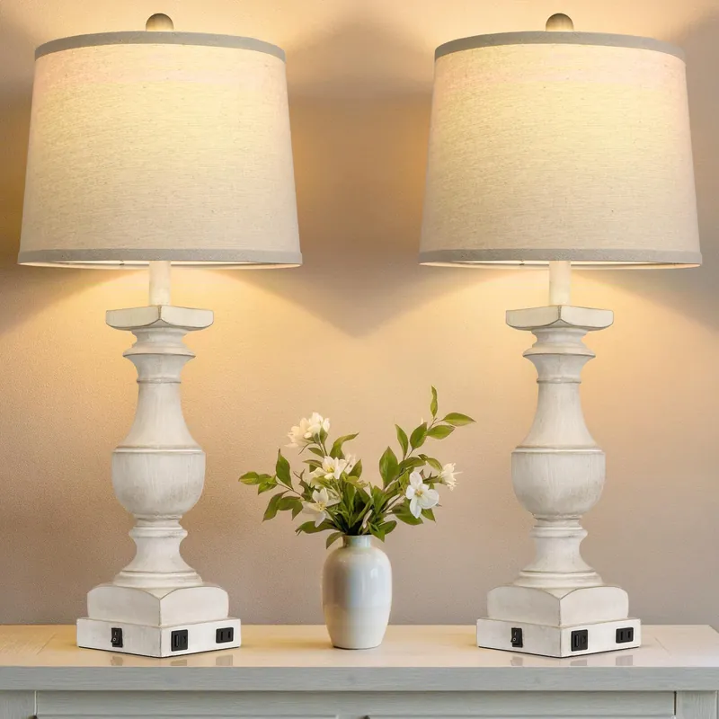 28‘‘ Washed White Table Lamp for Bedroom Nightstand, Vintage Bedside Lamp with USB A+C Port, Farmhouse Desk Lamp with Linen Shade Set of 2, Traditional Nightstand Lamp, Rocker Switch,Bulb Included