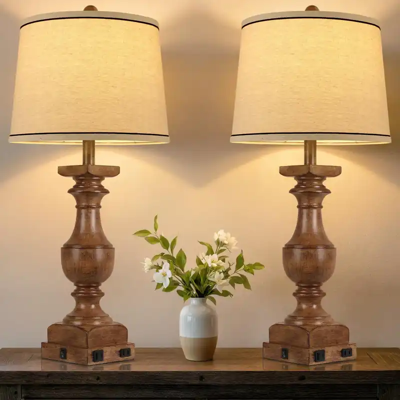 WIHTU Wood Grain Color Table Lamps, 28‘‘ Resin Desk Lamp for Bedroom, Nightstand Lamps Set of 2, Farmhouse Bedside Lamps with Linen Shades, Rocker Switch, Table Lamps with USB A+C Port, Bulb Included