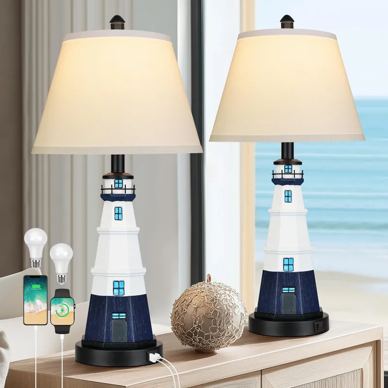 WIHTU Modern Lighthouse Table Lamps Set of 2, White Navy Blue Bedside Nautical Table Lamp, Nautical Style Resin Reading Lights for Bedroom Livingroom, Bulbs Included