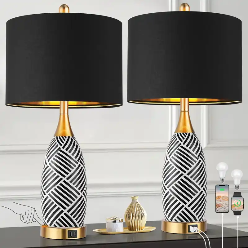 25.5" Touch Control Black and Gold Lamp,3-Way Dimmable Modern Ceramic Table Lamps with USB & Type-C Ports,Classic Black/White Striped Bedside Lamps for Bedroom Living Room Office(Bulbs Included)