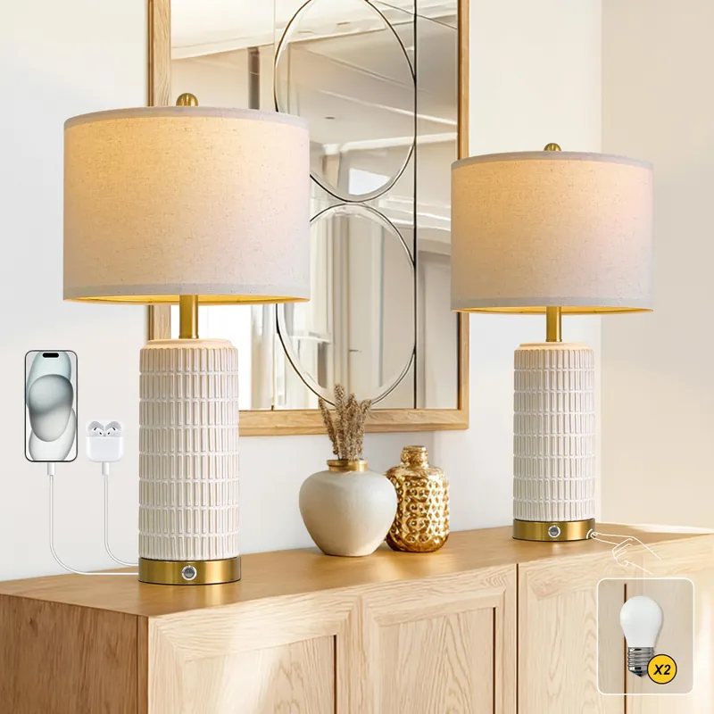 PoKat Touch Bedside Table Lamps with USB Ports for Bedroom Living Room, 25‘‘ Dimmable Nightstand Touch Lamps for Living Room, Modern Ceramic Lamps for Night Stands Bedroom, Office, White and Beige