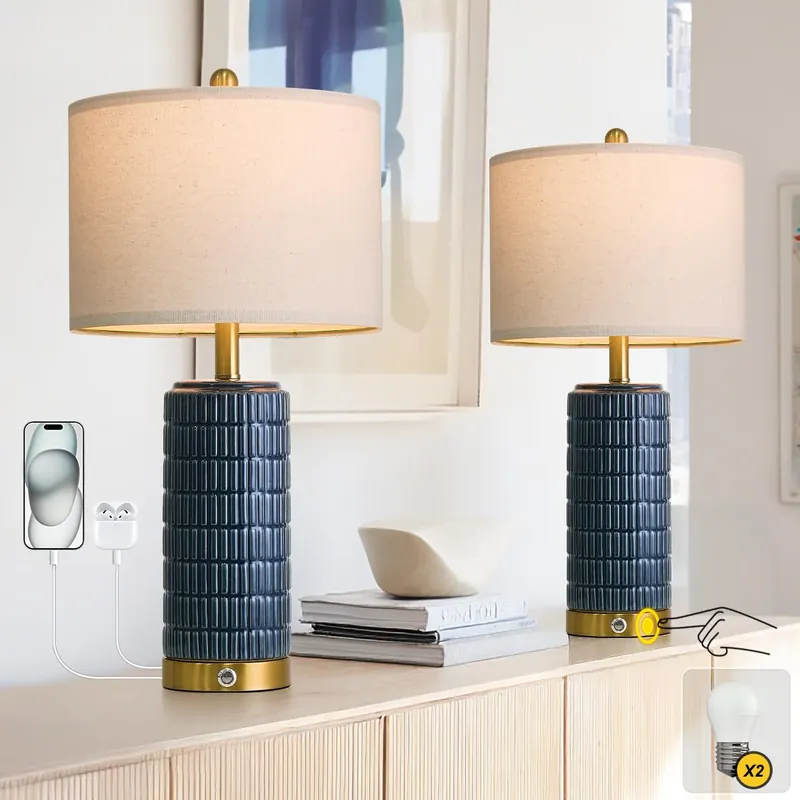 PoKat Touch Bedside Table Lamps with USB Ports for Bedroom, 25‘‘ Dimmable Nightstand Touch Lamps for Living Room, Blue Ceramic Lamps with Gold Base for Night Stands Bedroom, Nursery, Dark Blue