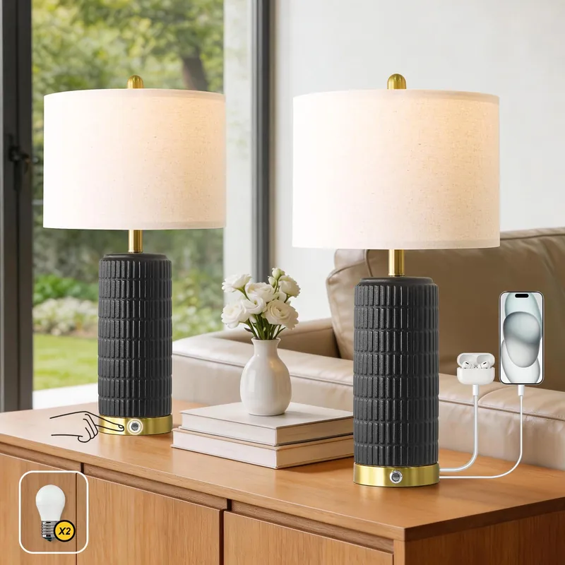 PoKat Ceramic Table Lamps Set of 2 for Living Room, 25‘‘ Modern Touch Bedside Lamps for Bedroom with 2 USB Ports, Farmhouse Black Matte-Textured Nightstand Lamps Office Home Decor (Bulbs Included)