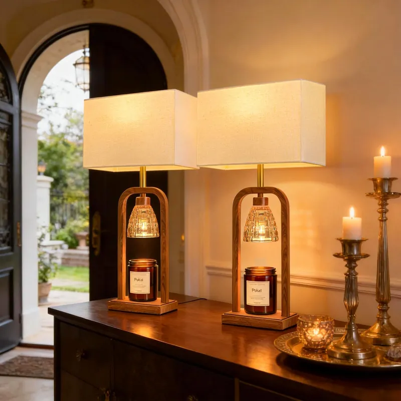 PoKat Farmhouse Table Lamps with Candle Warmer & Timer for Bedroom, Wood-Like Bedside Lamps Set of 2 for Night Stands, 21.5‘‘ Bedroom Lamps Decor for Living Room, Corded Eletric, No Battery