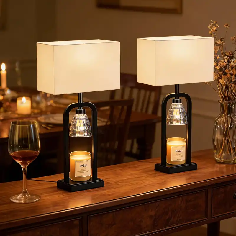 PoKat Bedside Table Lamps with Candle Warmer & Timer for Bedroom, Farmhouse Lamps Set of 2 for Night Stands, 21.5‘‘ Bedroom Lamps Decor for Living Room, Side Table, Hallway, Bulbs Included, Black