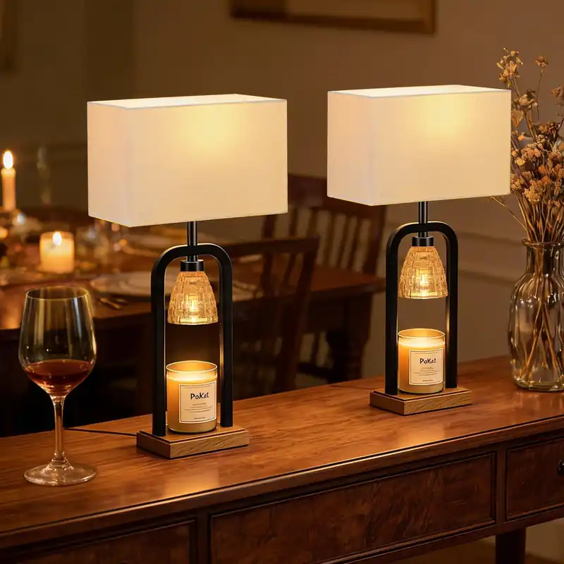 PoKat 21.5‘‘ Lamp Candle Warmers Set of 2 Black, Farmhouse Candle Warming Lamps with Timer Dimmer & Wood-Like Base, Warmer Lamp Jar Candles, Table Lamps for Bedroom End Table Decor, Bulb Included